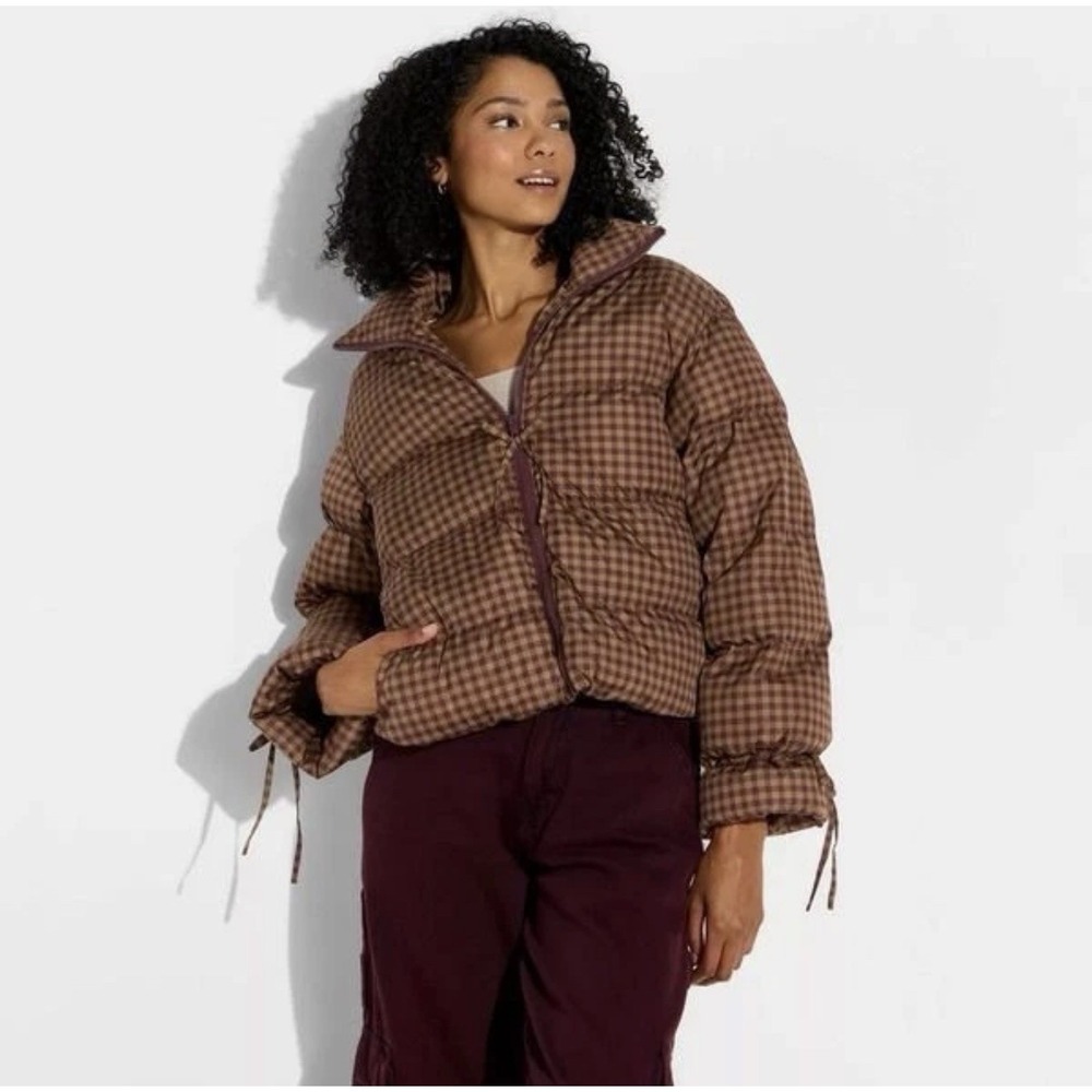 Women's Wild Fable Bow Puffer Jacket Brown Gingham Check Size M NWT